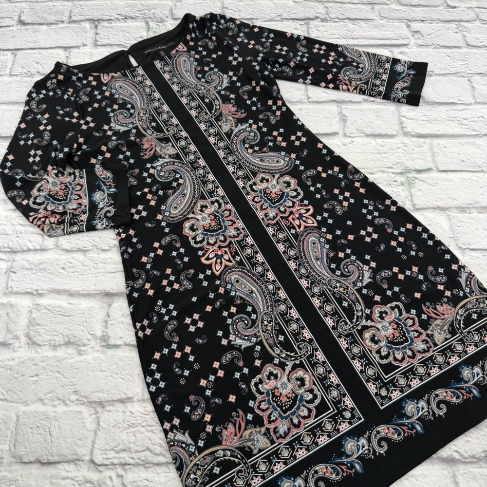 White House Black Market Paisley Sheath Dress Black 3/4 Sleeve XS Chic